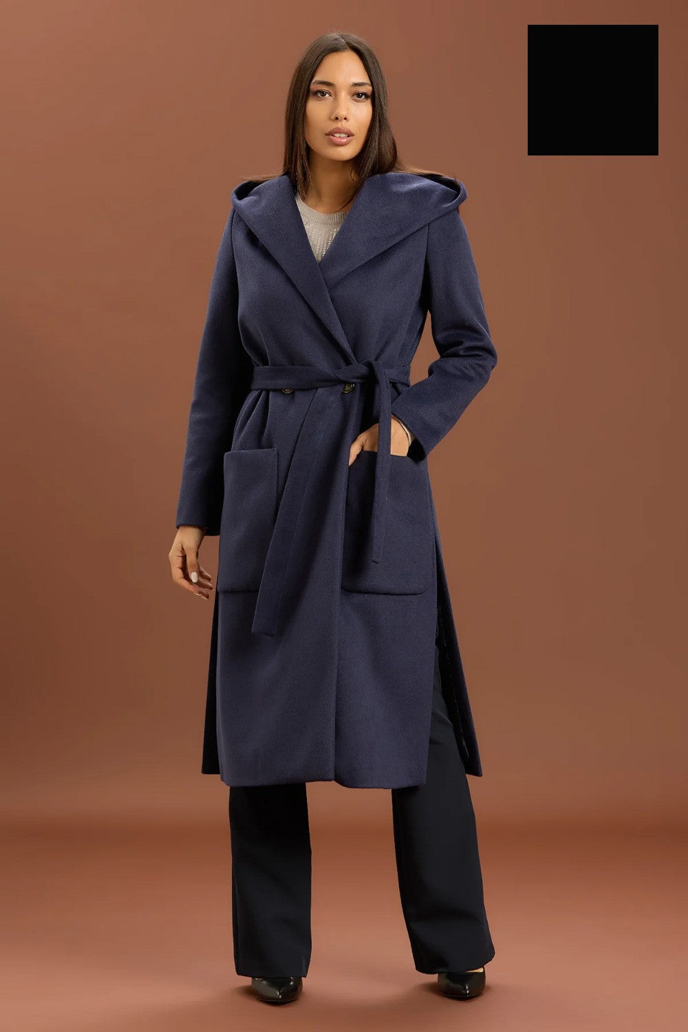 Take two - cappotto lungo con cinta e cappuccio dt01239 nero