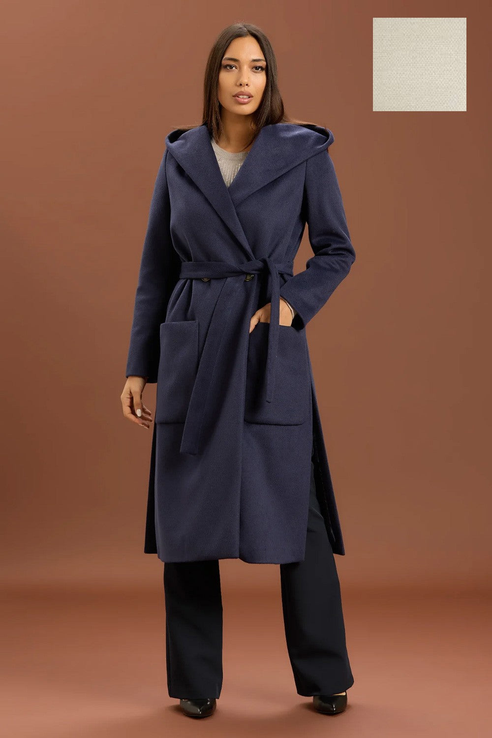 Take two - cappotto lungo con cinta e cappuccio dt01239 panna