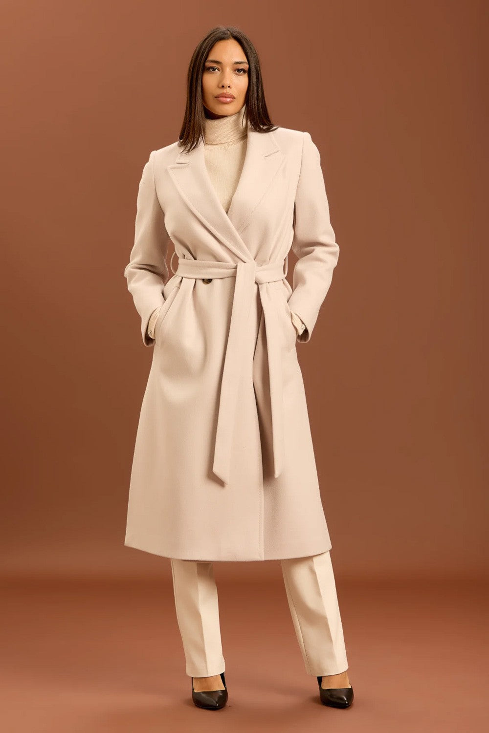 Take two - cappotto con cinta e punto mf dt01245 beige