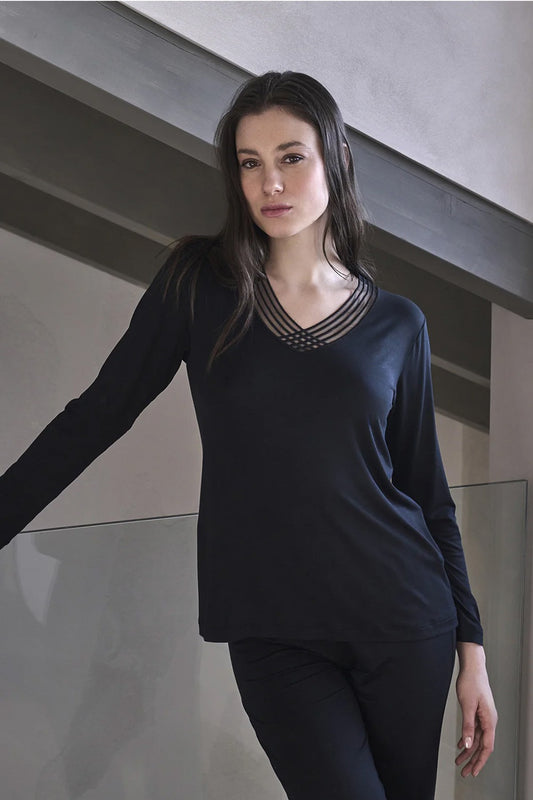 Boglietti - pigiama morbido lungo con scollo v fel170 nero