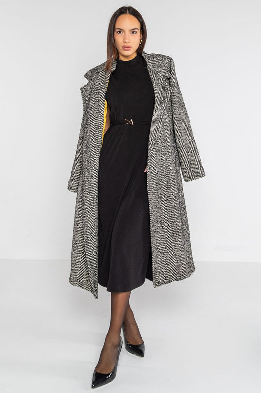 Lokita - cappotto lungo con cintura in tessuto spigato 1280 lok82081 nero/avorio