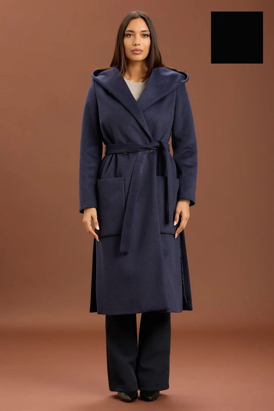 Take two - cappotto lungo con cinta e cappuccio dt01239 nero