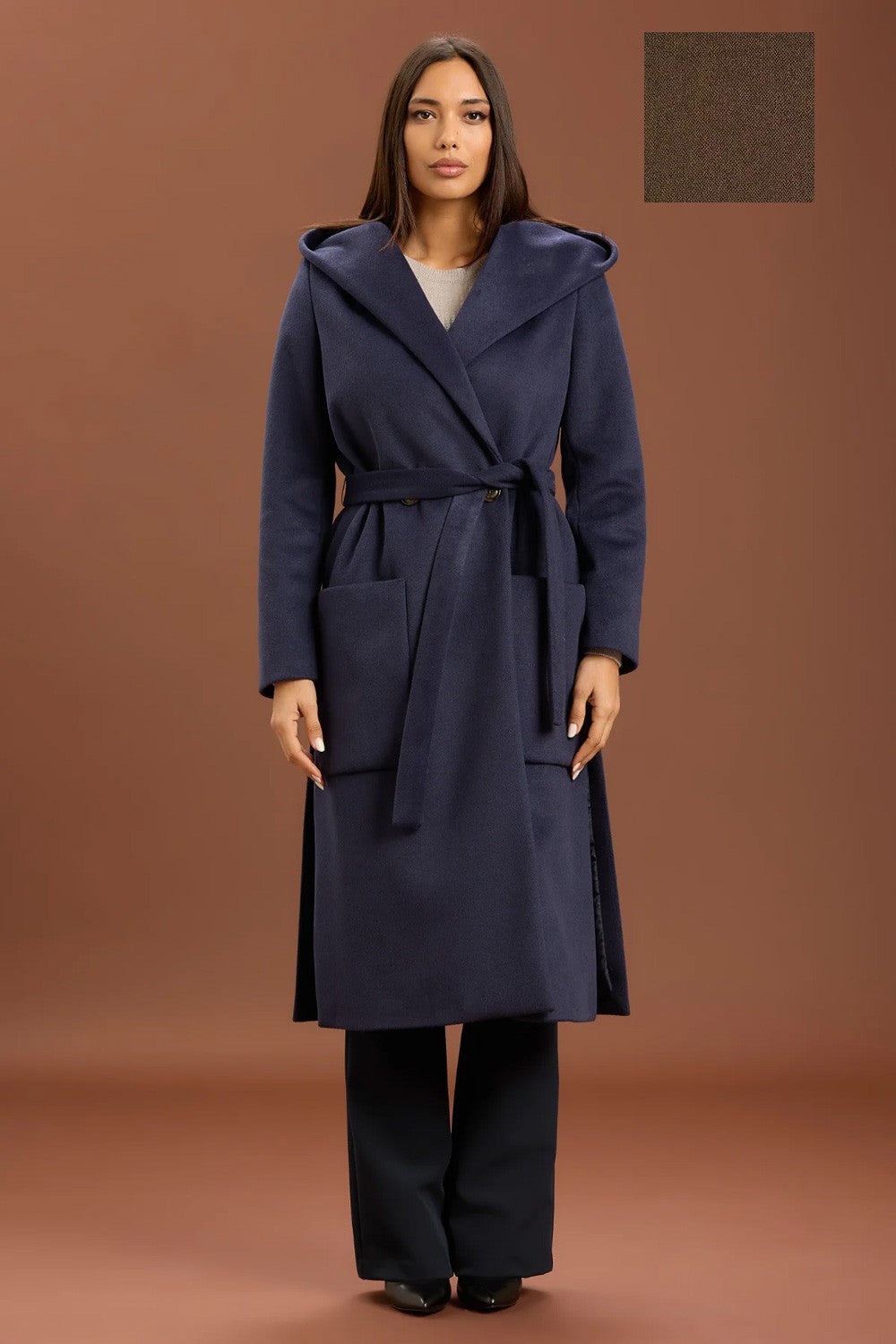 Take two - cappotto lungo con cinta e cappuccio dt01239 moro