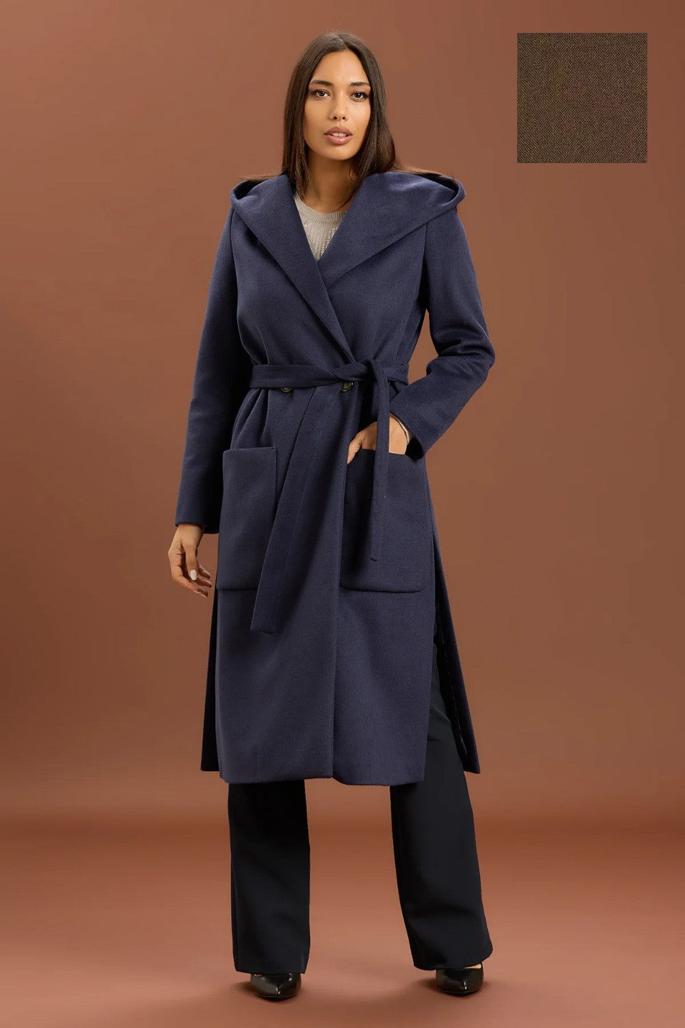 Take two - cappotto lungo con cinta e cappuccio dt01239 moro