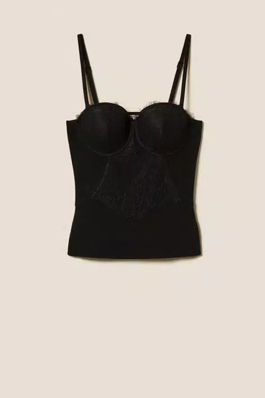 Twinset - top bustier in maglia con pizzo 252ll3raa 00006 nero