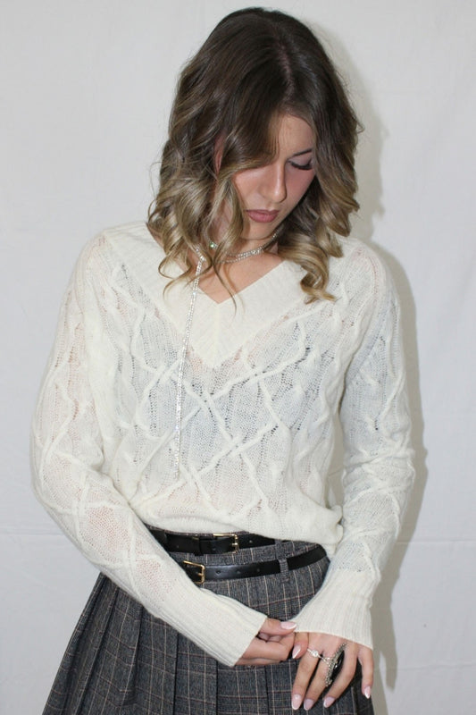 Ermanno scervino - maglia scollo a v m/l d474m501dge 10106 panna